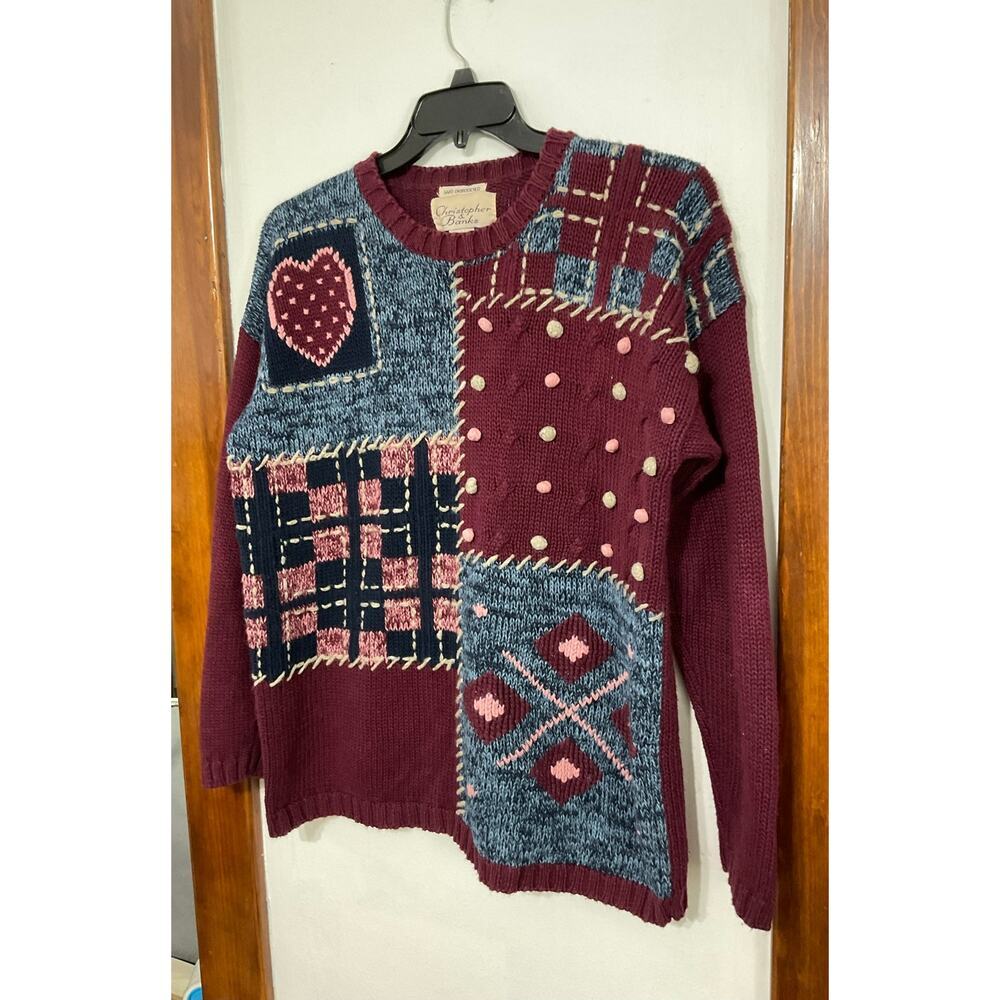 VTG 90s Christopher & Banks Patchwork Womens Sweater Size Medium Hand Embroided - Picture 5 of 9
